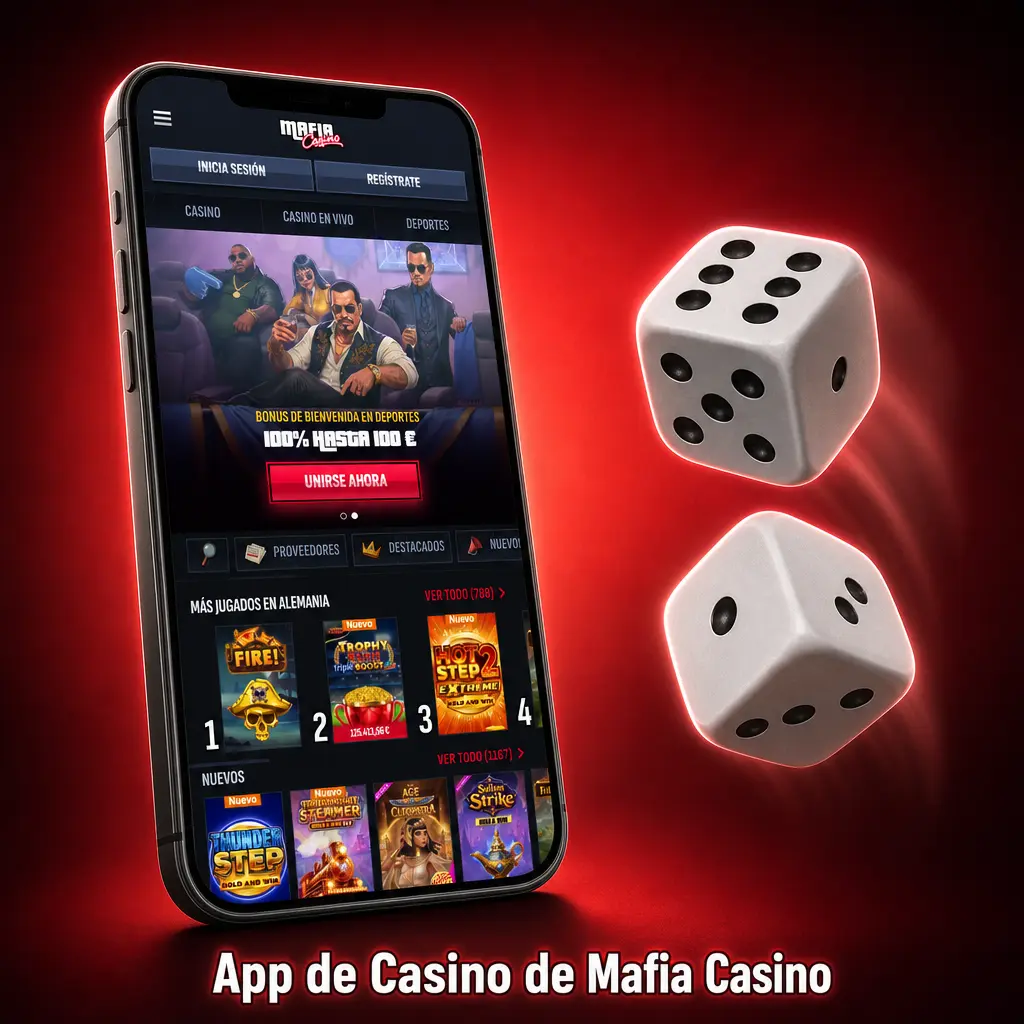 Sección de casino de Mafia Casino con tragaperras, ruleta, blackjack y casino en vivo con crupieres reales