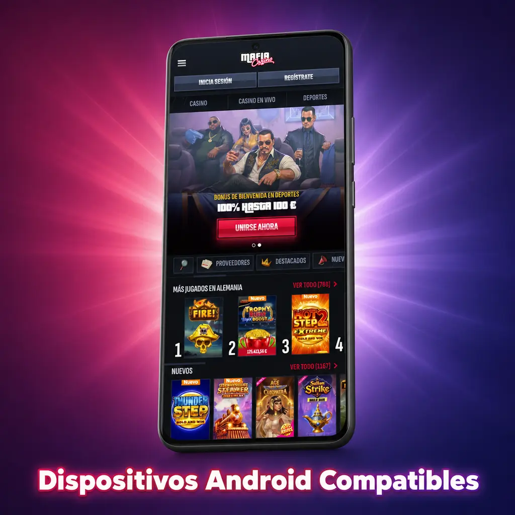 Dispositivos Android compatibles con la app de Mafia Casino: Samsung Galaxy A54, S23, Xiaomi Redmi Note 12, Poco X5 y más modelos populares en España.