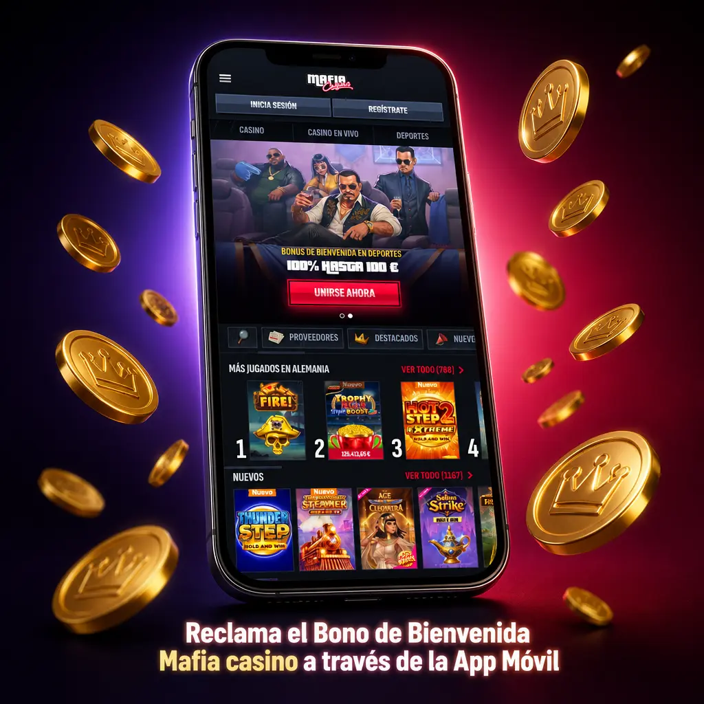 Reclama el bono de bienvenida de Mafia Casino desde la app móvil en iOS y Android con tu primer depósito.