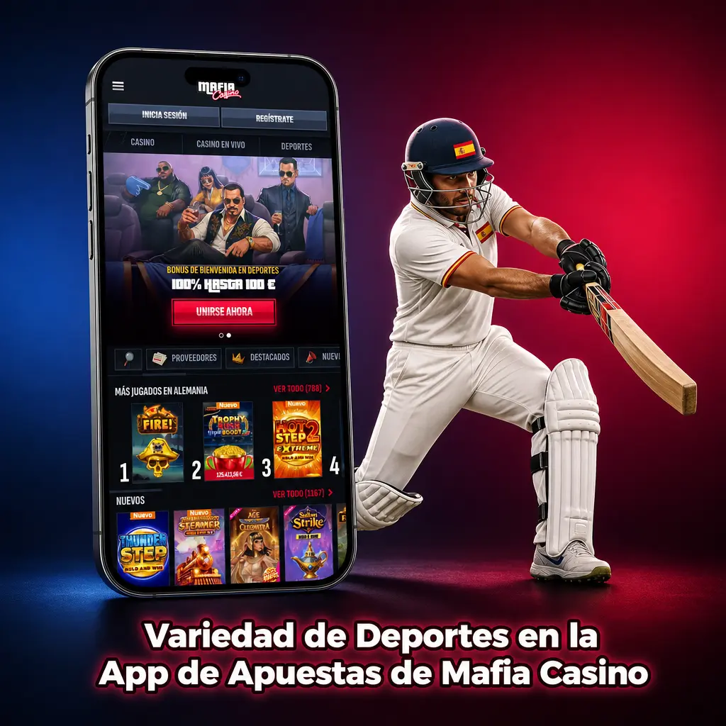 Variedad de deportes y eSports disponibles para apostar en la app de Mafia Casino, con estadísticas y streaming en directo