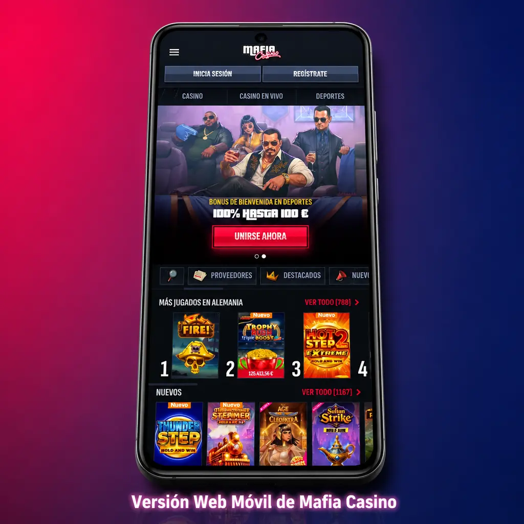 Versión web móvil de Mafia Casino con apuestas deportivas y juegos de casino desde el navegador sin instalar nada